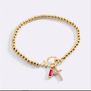 Elegant Gold Beaded Bracelet with Cross and Birthstone Charm
